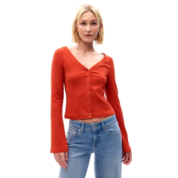 GAP Tops - NWT GAP Modern Rib Cardigan Orange Autumn V-Neck 90s Long Flared Sleeves Small